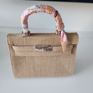 Hermès-inspired Linen/Burlap Summer Bag w Silk Twilly